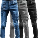 Pantalones vaqueros elásticos rectos Retro para Moto, ropa de calle con agujero y cremallera para Hombre, Pantalones Cargo vaqueros ajustados Punk, ropa para Hombre Y2K