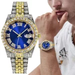 Reloj con calendario de Color dorado de acero inoxidable Hip Hop de lujo para Hombre, Reloj con diamantes de imitación pavimentados helados, Reloj para Hombre