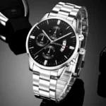 Reloj de pulsera de cuarzo de acero inoxidable plateado de lujo, reloj de negocios para hombres