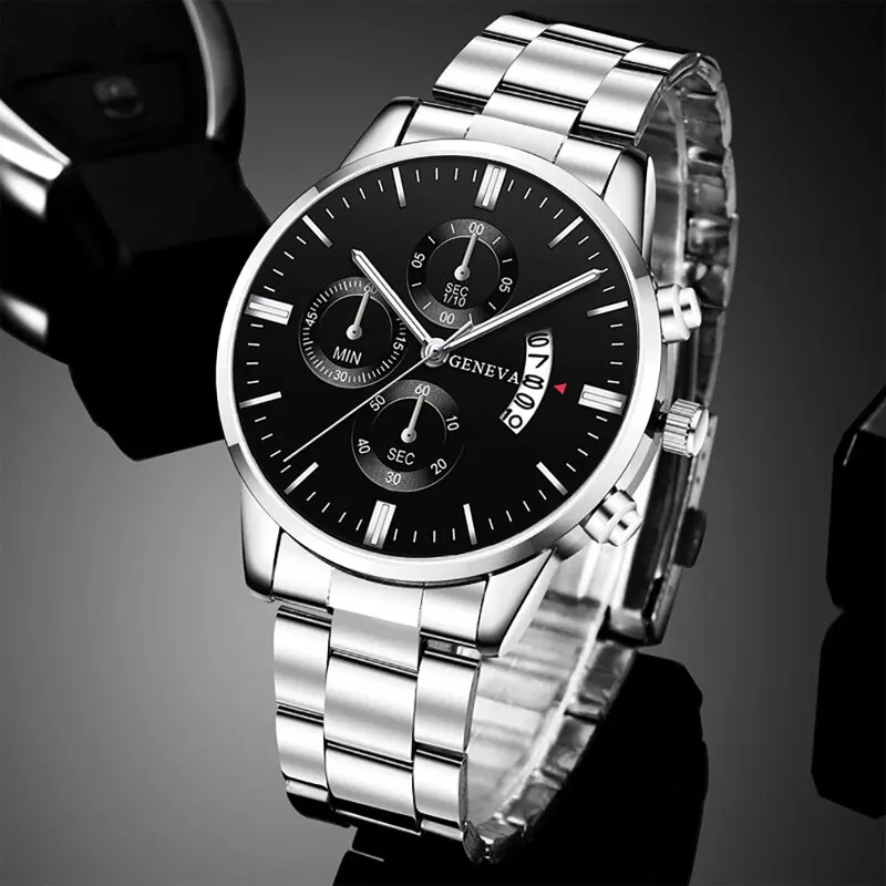 Reloj de pulsera de cuarzo de acero inoxidable plateado de lujo, reloj de negocios para hombres