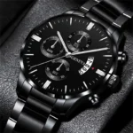 Relojes de moda para Hombre, Reloj de pulsera de cuarzo de acero inoxidable negro de lujo, Reloj de negocios para Hombre, Reloj con calendario para Hombre