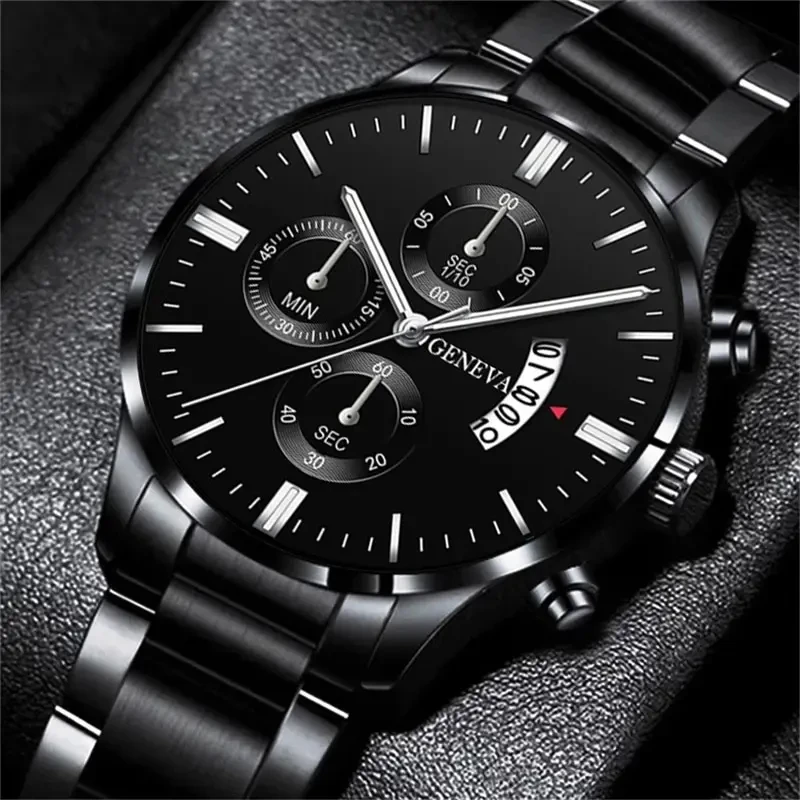 Relojes de moda para Hombre, Reloj de pulsera de cuarzo de acero inoxidable negro de lujo, Reloj de negocios para Hombre, Reloj con calendario para Hombre