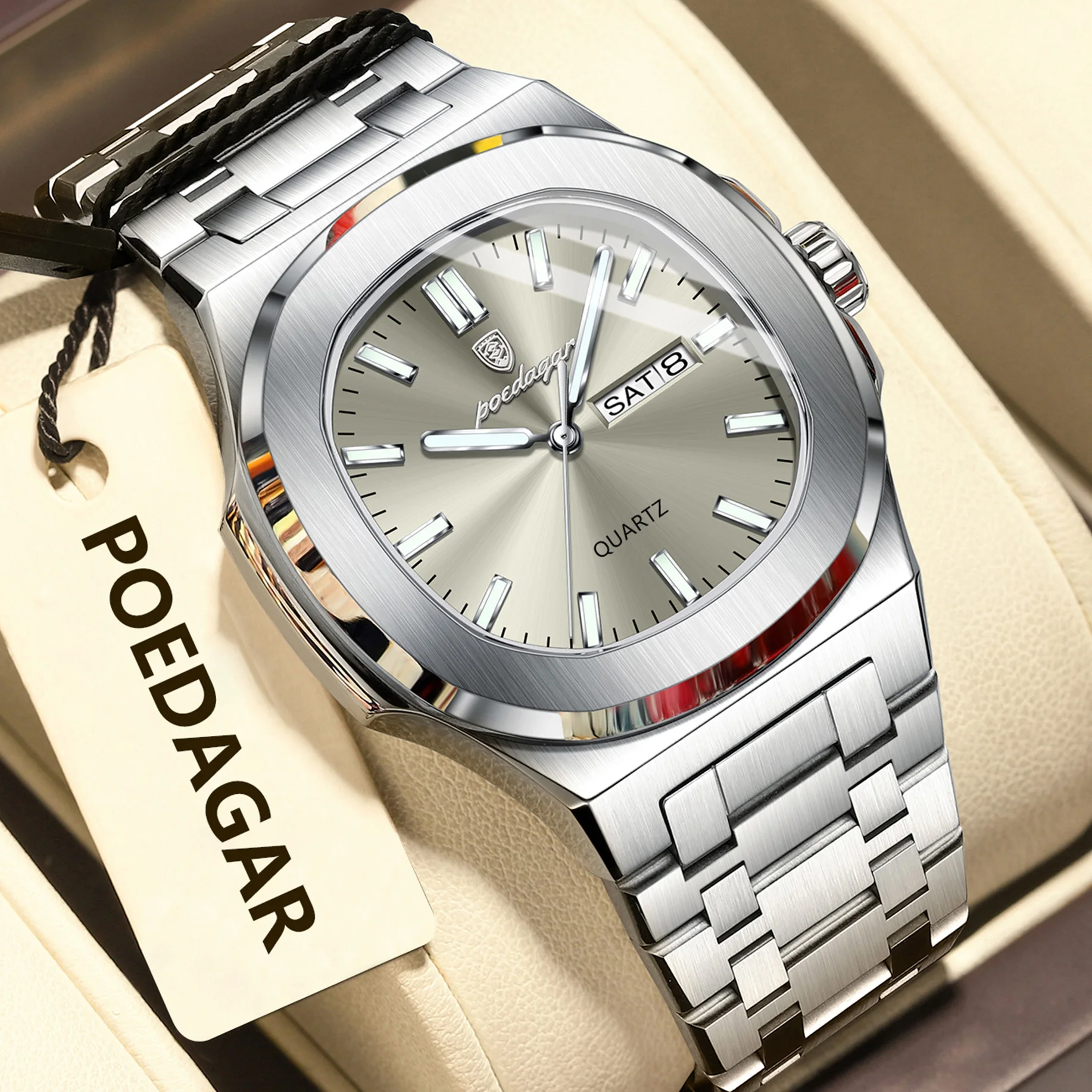 POEDAGAR, relojes originales a la moda para hombre, reloj luminoso resistente al agua con fecha y semana para hombre, reloj de cuarzo de lujo para negocios de acero inoxidable para hombre