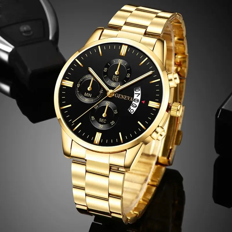 2023 de moda para hombre reloj de oro de acero inoxidable con calendario de lujo reloj de cuarzo reloj de negocios para hombre reloj de hombre