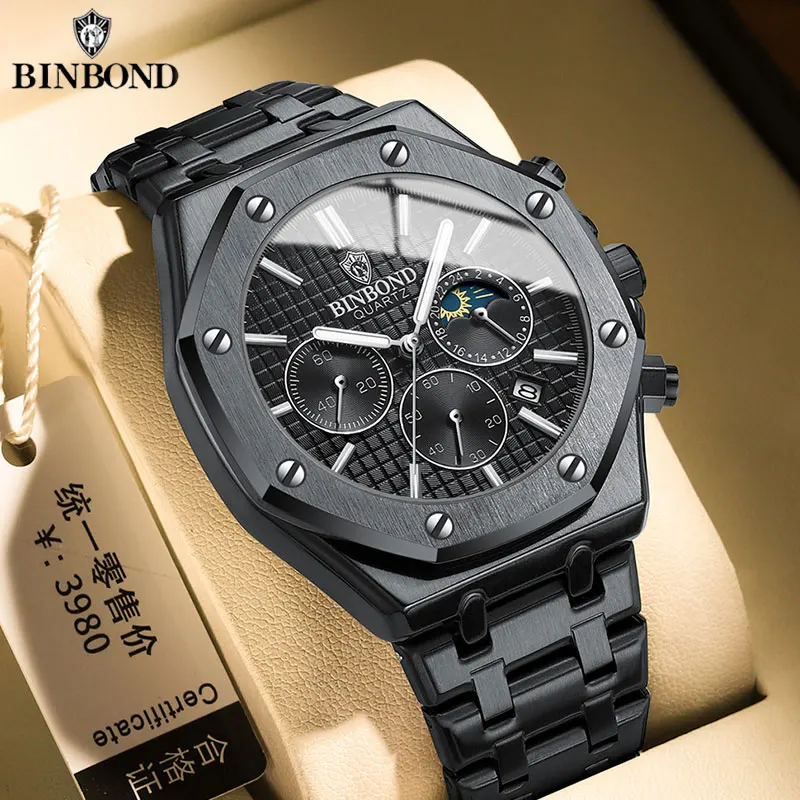 Reloj BINBOND de calidad para hombre, reloj de pulsera de cuarzo de lujo para hombre, resistente al agua, fecha luminosa, relojes de acero inoxidable para hombre, reloj informal